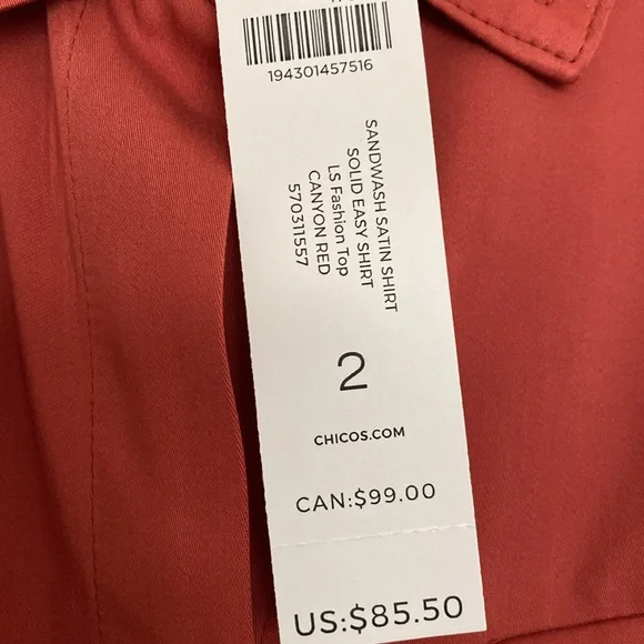 NWT Beautiful Sandwash Satin Chicos Shirt - Chico’s size 2 - Picture 2 of 4